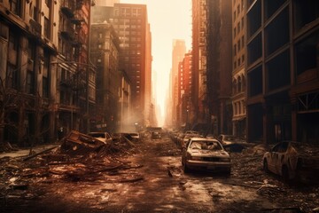 A burned city street with no life generative ai apocalyptic scene	of a burned city street after world apocalyptic war