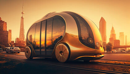 Fototapeta na wymiar Ai generated illustration of yellow futuristic taxi buses on the road, driving in the futuristic city