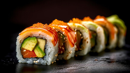 Sushi roll with vibrant ingredients such as avocado, salmon, and cucumber, drizzled with soy sauce.