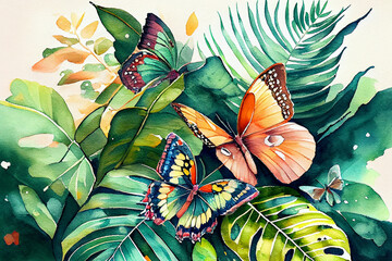 Colorful butterflies fluttering about in a tropical garden, featuring lush foliage and vibrant flowers, generative ai illustration