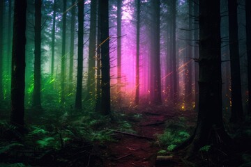 Fototapeta premium Majestic Forest with Neon Vibes - Generative AI Illustration