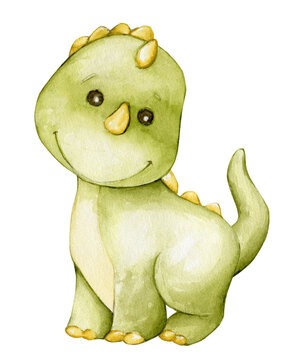 Cute dinosaur, green, color, Watercolor drawing, fictional animal in cartoon style, on an isolated background.