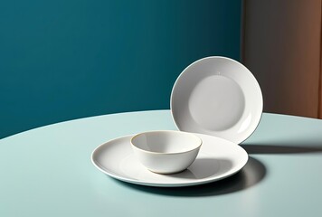 dishware table background with blank plate ready to eat, generative ai