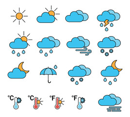 Obraz premium Set of flat colored weather icons. Weather forecast. Vector icons.