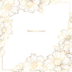 Wedding marriage event floral invitation card template. Detailed outline garden dahlia, daisy, cosmos flowers frame. Luxury bright shiny golden. - 601371986