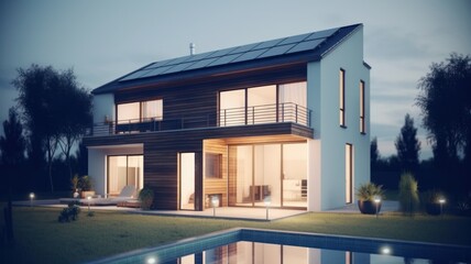 A modern two-story cottage with panoramic windows, a spacious terrace, a swimming pool and solar panels on the roof. Spectacular sunset light. The concept of smart home and alternative Generative AI