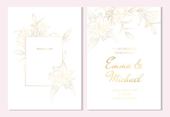 Wedding marriage event invitation card template. Lily, amaryllis, hippeastrum lilly garden flowers. Detailed outline drawing. Luxury bright shiny golden. - obrazy, fototapety, plakaty