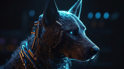 A futuristic image of a dog with cybernetic enhancements and glowing eyes. Generative AI