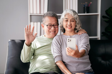 Senior couple use smartphone to video conference and greeting wi