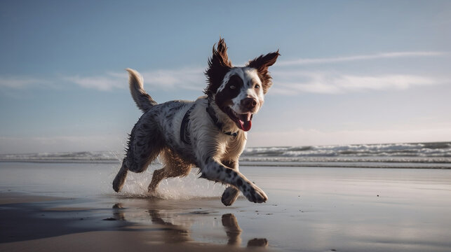 A landscape of a Border Collie dog running on the beach, with the sea and the sky in the background Generative AI
