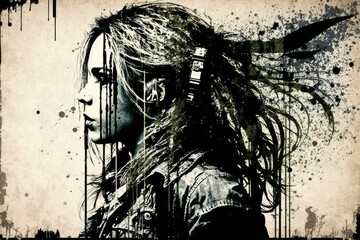 Portrait of a punk girl with dreadlocks. Grunge background