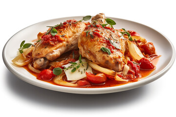 Cacciatore - chicken or rabbit dish with tomatoes, onions, and peppers. Generative AI.