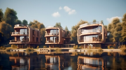 Obraz premium Modular house made with wood with large panoramic windows. Mobile eco-friendly space for living and tourism. AI Generated. Generative AI