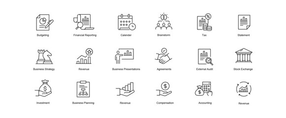Fiscal Year Vector Icons. Financial Reporting and Budgeting Icons. Tax Planning and Compliance Icons. Editable Stroke.