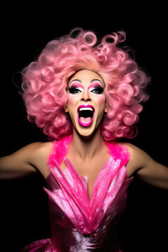portrait of a happy drag queen with pink dress and wig isolated on black, made with generative ai	