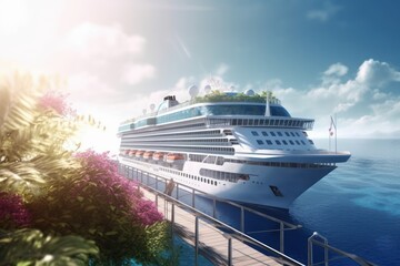 Obraz premium A luxurious white ocean cruise ship is moored at the pier on a tropical paradise island surrounded by greenery and flowers. Generative AI