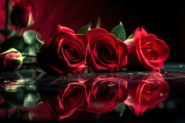 The Magic of Roses: Three roses on a red table with their reflections on the surface, with another rose and rose petals in the background. Generative AI