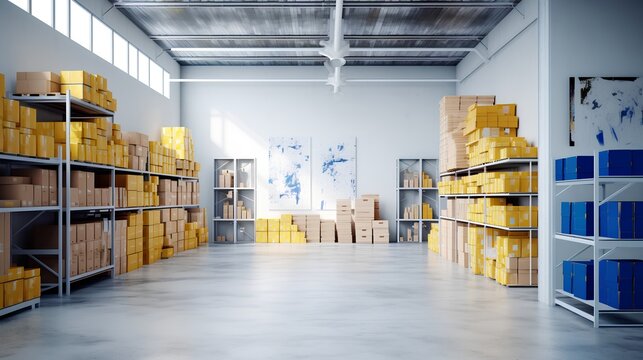 White warehouse with organized shelves laden with boxes. The image exemplifies efficiency, orderliness, and the seamless operation of a well-managed storage system. Generative AI