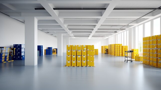 White warehouse with organized shelves laden with boxes. The image exemplifies efficiency, orderliness, and the seamless operation of a well-managed storage system. Generative AI