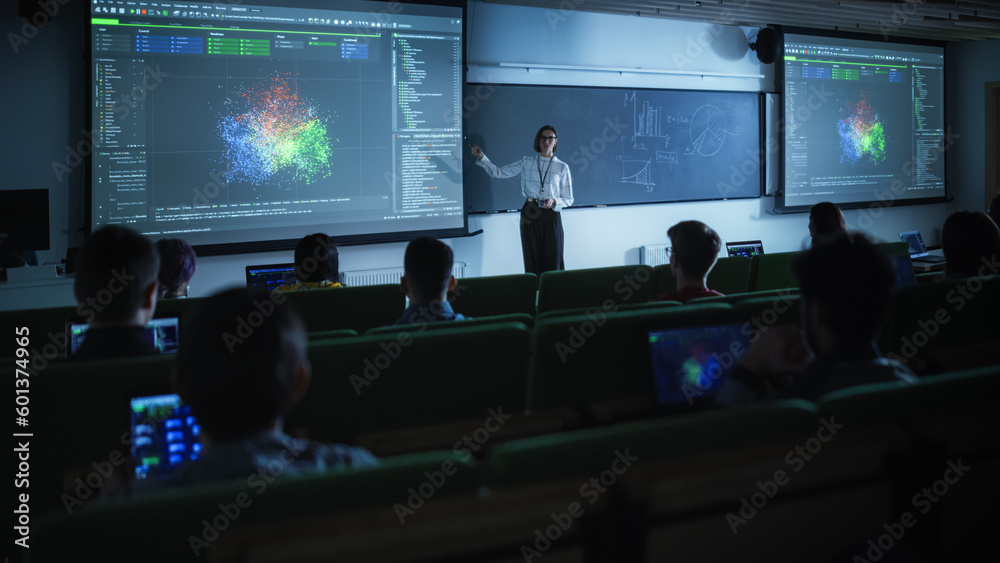 Poster young female teacher giving a data science lecture to diverse multiethnic group of female and male s