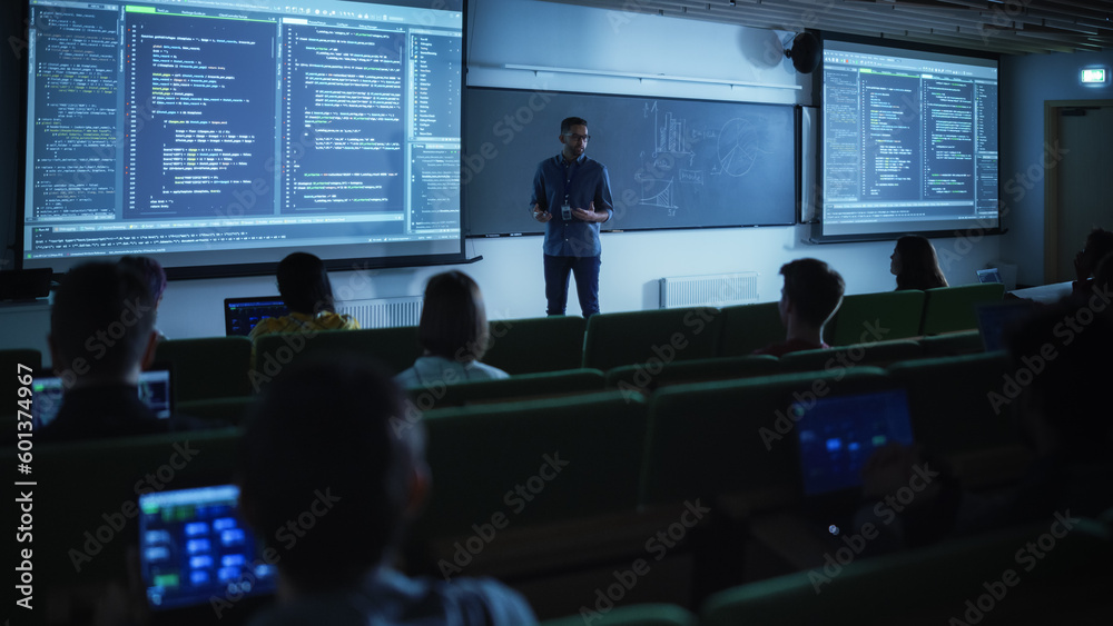 Poster young male teacher giving a data science lecture to diverse multiethnic group of female and male stu