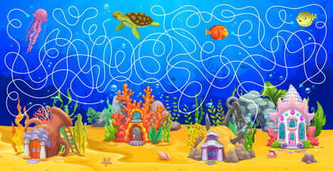 Labyrinth maze game. Cartoon underwater landscape and sea house buildings. Search path child puzzle, find way vector worksheet or kids maze riddle with funny jellyfish, turtle, fish and fantasy houses