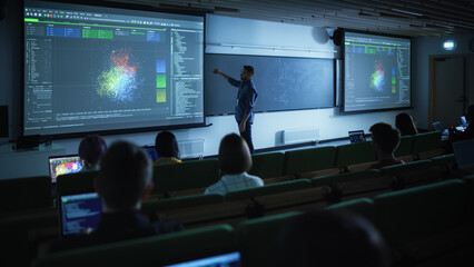 Young University Professor Explaining the Importance of Artificial Intelligence to a Group of Diverse Multiethnic Students in a Dark Auditorium. Teacher Showing Big Data Ecosystem on Two Big Screens