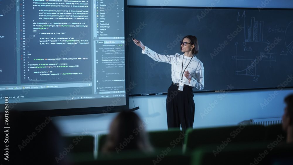 Aufkleber Portrait of a Young University Professor Explaining the Importance of Artificial Intelligence to a Group of Diverse Students. Female Teacher Showing Big Data Ecosystem on a Big Screen