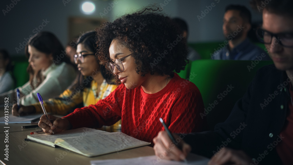 Poster talented smart multiethnic hispanic female student studying in college with diverse colleagues. blac