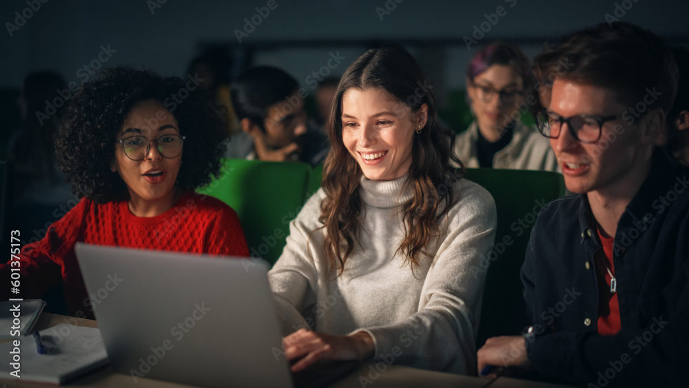 Leinwandbilder team of enthusiastic students collaborate in university classroom, compare research project work on 