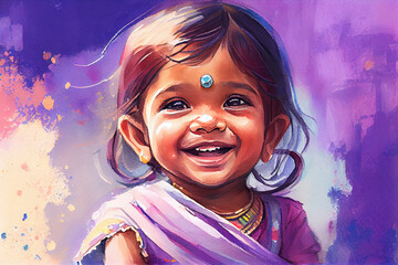 Portrait of an Indian girl, capturing the beauty and grace of her features with delicate brushstrokes and vivid colors, generative ai
