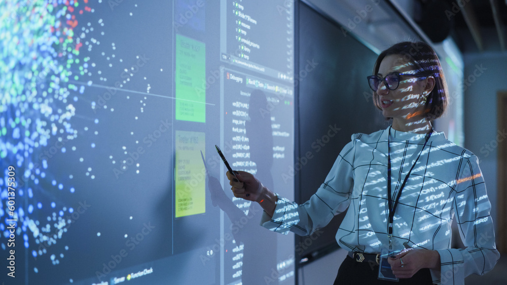 Poster Young Female Teacher Giving a Data Science Presentation in a Dark Auditorium with Projecting Slideshow with Artificial Intelligence Neural Network Architecture. Business Startup and Education Concept