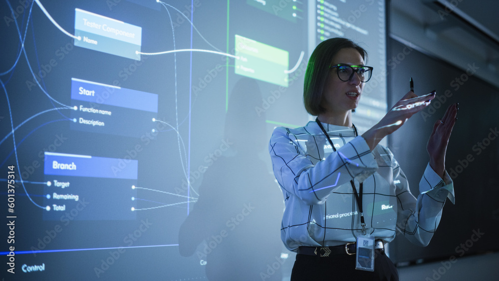 Poster Young Businesswoman Presenting a Web Development Road-Map in a Dark Room with Projecting Images. Female University Professor Showing Initial Steps to a Successful Project Completion