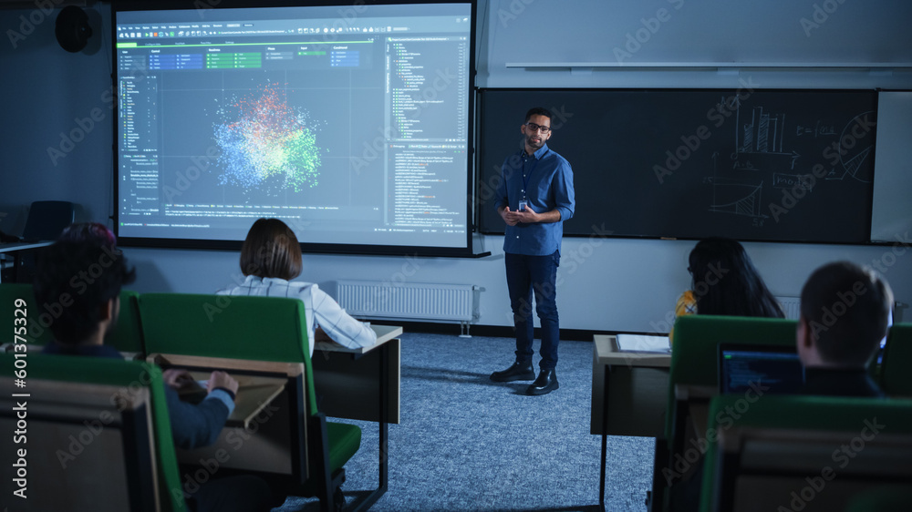 Poster young male teacher giving a data science lecture to a diverse multiethnic group of female and male s