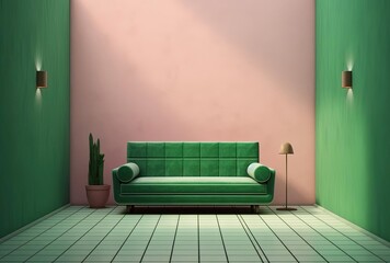 empty room with green couch 3d render illustration, generative ai