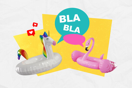 Photo banner collage of two rubber inflatable rings unicorn flamingo communication chatterbox summer resort isolated on yellow background