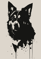 negative space illustration of a dog's head that looks like it was painted in black ink