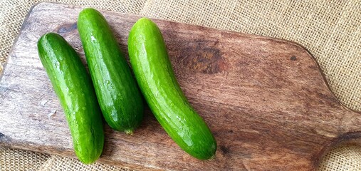 Fresh cucumbers on a wooden board close-up. Green cucumber on a wooden board. Small green cucumbers on the table. Juicy cucumbers for cooking. Fresh healthy vegetables.