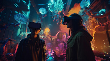 Immersed in a Fantastical World: Couple Playing with AR VR Headsets Generative AI