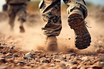 Close-up of military legs on the battlefield ground made with Generative AI