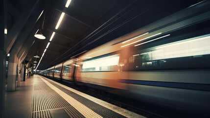 A blurry picture of a train at a train station. AI generative.