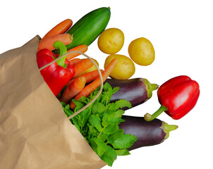 brown paper shopping bag with fresh vegetables, transparent background PNG
