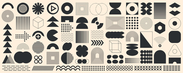 Set of retro Y2K elements and abstract futuristic brutalism shapes. Geometric elements for logo, icon, web design, print, advertising. Vector illustration.