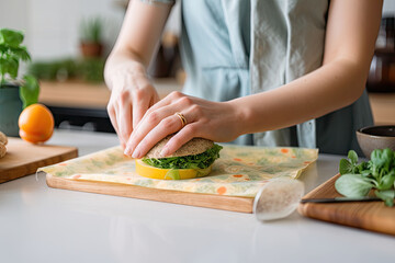Woman hands wrapping a healthy sandwich in beeswax food wrap. Generative AI - obrazy, fototapety, plakaty