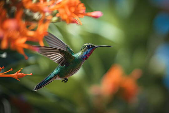 Colored tropical bird and surreal flowers. The hummingbird flies near to flower. Generative AI