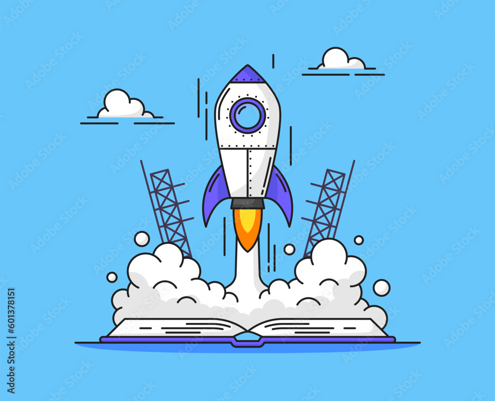 Aufkleber rocket launch start up of cartoon spaceship, vector background. space shuttle start up on book, educ