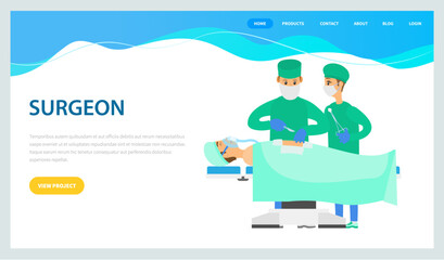Two surgeons or physicians holding scalpels performing surgical operation on lying patient landing page template. Surgery, medical procedure. Colored cartoon vector illustration in flat style