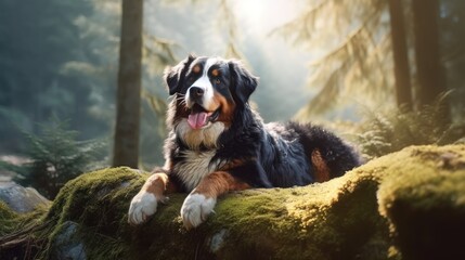 Bernese Moutain Dog on a mossy log in a forest