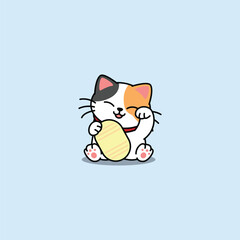 Maneki neko kawaii lucky cat three color cartoon, vector illustration