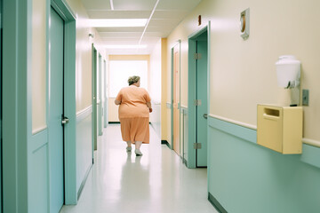 Curvy, plus size, active, big, chubby woman in orange is walking down hospital hallway. Generative AI image.